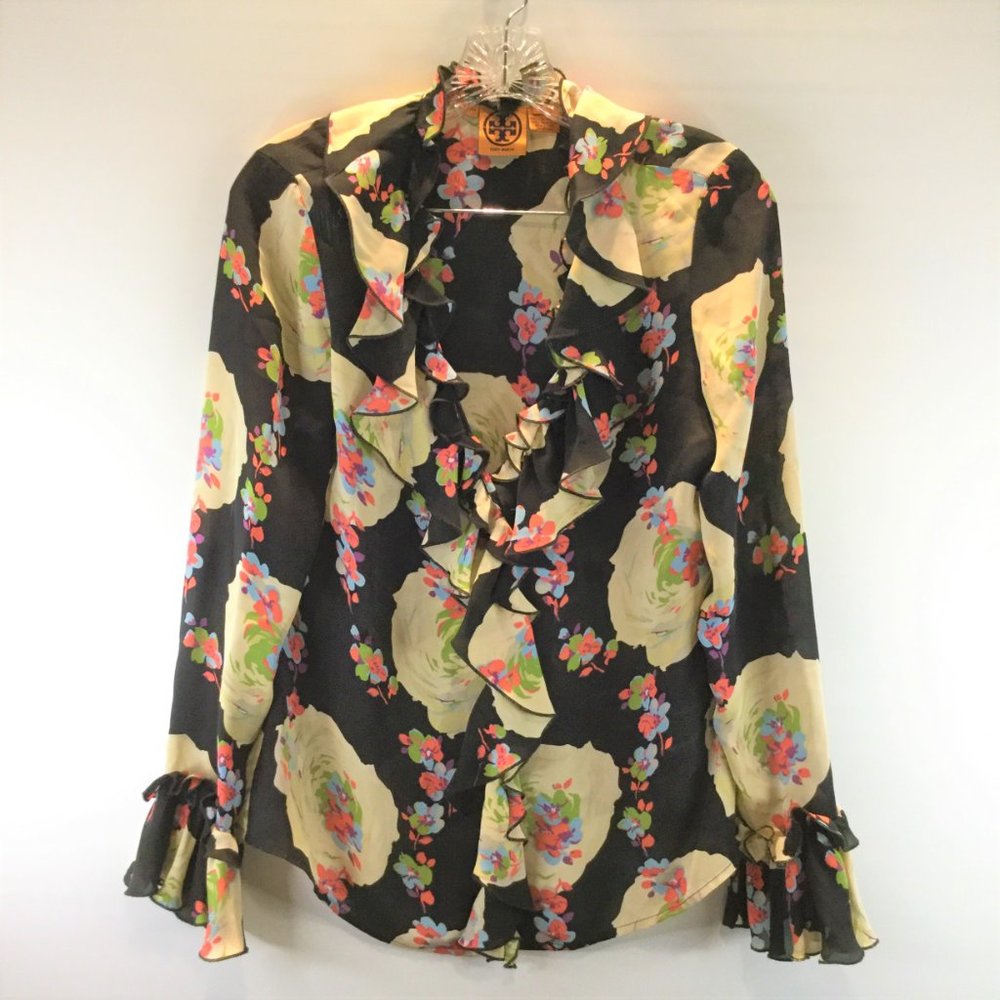 TORY BURCH floral print ruffle slik top